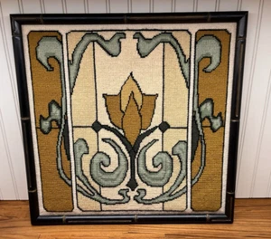 Art Noveau Needlepoint Stained Glass Floral Complete Framed Kappie Vintage READ - Picture 1 of 9