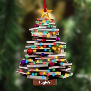 Personalized Stack of Book Tree Ornament - 2024 Bookworm Christmas Ornaments - Picture 1 of 6