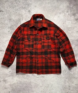 Pendleton Vintage Flannel Red Long Sleeve Button Up Shirt Virgin Wool Plaid Sz L - Picture 1 of 11