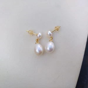 Timeless AAA+White South Sea Dangle/Drop Pearl Earrings Stud 14k Yellow Gold P - Imagen 1 de 9