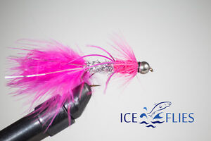 ICE FLIES. Streamer fly, animal bitter, rubber legs, Pink, size 2 - 10 (3-pack)