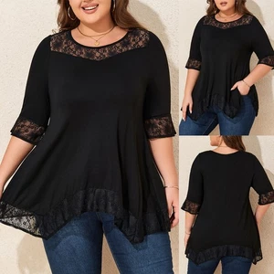 Übergröße Damen Spitze Top Bluse Lose Tunika Elegant Oberteile 3/4 Ärmel T-Shirt - Bild 1 von 9
