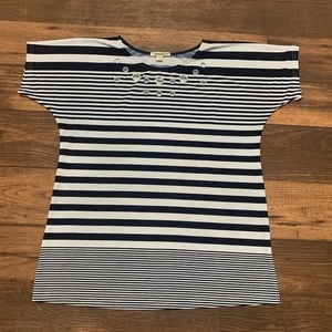 Ana & Kate Navy White Striped Shirt Womens M Chest Ringlets Accent Lightweight - Picture 1 of 7