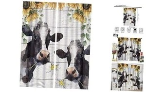 Cow Window Curtains,Funny Farmhouse Cow Farm Animal Cow Flowers Sunflower - Picture 1 of 8