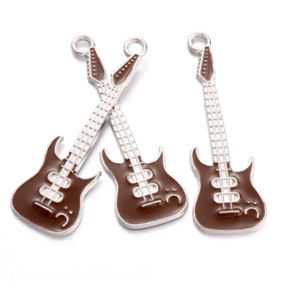 100pcs Coffee Alloy Enamel Guitar Big Pendants Lead Free Charms Craft 62x18.5mm - Image 1 of 2