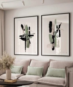 Salbei Abstrakt Wandbilder 2er Set Grün Beige Neutral Strukturiert Pinselstrich AVA - Bild 1 von 6
