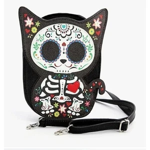 New Floral Sugar Skull Cat Kitten Dia De Los Muertos Crossbody Womens Bag Purse - Picture 1 of 3