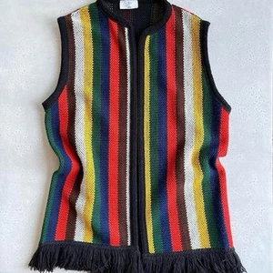 Vintage 70s Sears Vertical Striped Retro Rainbow Fringe Open Front Knit Vest - Picture 1 of 8