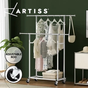 Artiss Heavy Duty Double Rod Clothes Rack Garment Metal Adjustable Shelf Wheels - Picture 1 of 8