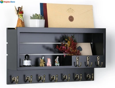 Key Holder for Wall Mail Organizer Mounted and with Hooks Pine Wood Black  - Image 1 of 4