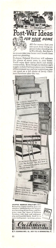 Anuncio impreso colonial Cushman muebles publicitarios vintage Bennington VT 1943 Foto 1 de 1