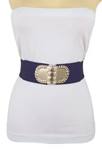 Women Dark Blue Elastic Waistband Elastic Belt Bling Gold Metal Buckle Size S M - Picture 1 of 22