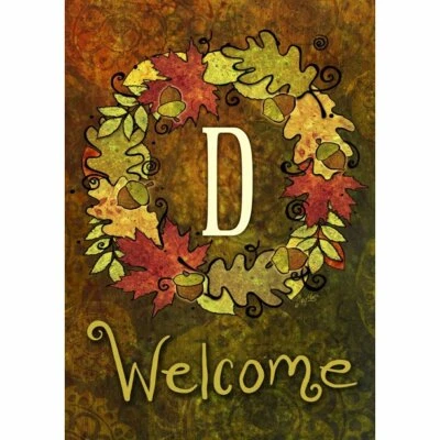 TOLAND HOME GARDEN Sleeved Garden Flag 12.5x18 FALL WREATH MONOGRAM D Leaves - Image 1 of 4