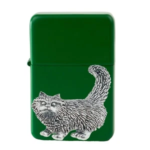 A40 Standing Cat  Pewter design on a GREEN flip top petrol lighter windproof - Picture 1 of 1