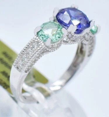 ANILLO DE ZAFIRO VERDE FLUORITA, AZUL Y BLANCO CREADO EN LABORATORIO 2,08 quilates plata .925 Foto 1 de 4