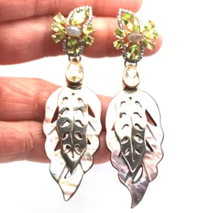 Gemstone Mother Of Pearl, Citrine, Peridot, Labradorite,.Earrings 925 Silver - Picture 1 of 4