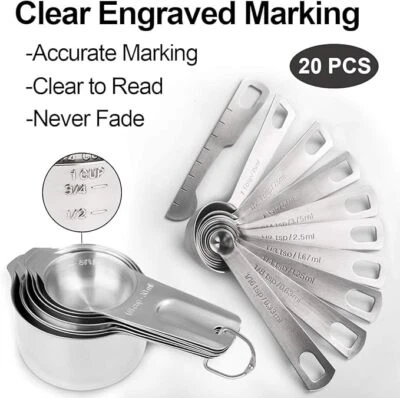 DUNCHATY 20 Pcs Food-Grade Stainless Steel Measure Cup Set For Cooking Baking Measurement