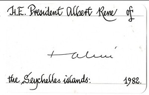Albert René - PRIME MINISTER & PRESIDENT of Seychelles - 1982 signed card