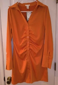H & M Shirt Dress Women's Size M Orange Long Sleeve Button Down Ruched V-Neck - Picture 1 of 12