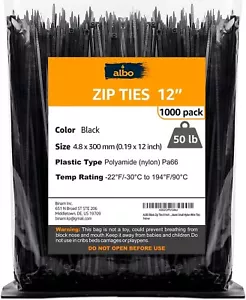 ALBO Zip Ties 8, 10, 12 Inch Plastic Cable Ties 1000 Pack Tie Wraps UV - Picture 1 of 49