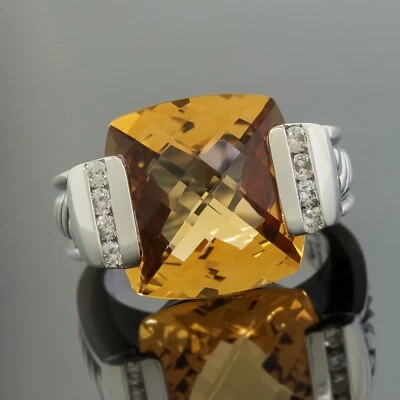 Vintage D.Yurman 14mm Yellow Citrine Diamond Deco Albion Ring Size 7 925 Silver - Image 1 of 4