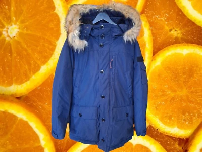 J. Parka de plumón nórdico Crew azul con forro de capucha de piel sintética muchos bolsillos talla M Foto 1 de 4