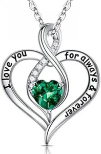 Love Heart Birthstone Necklace 925 Sterling Silver May Emerald CZ Love Pendant - Picture 1 of 7