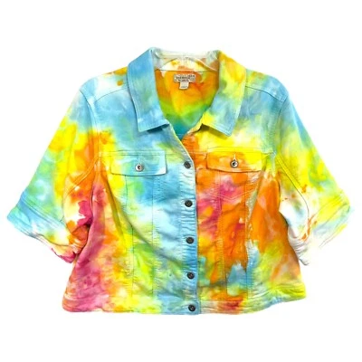 Chaqueta One World XXL Hecha a Mano Tie Dye Recortada Manga Corta Arco Iris Denim 185 Foto 1 de 4