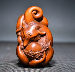 Rare Chinese wooden Boxwood Exquisite Fox nine-tailed fox monster Statue figure - Picture 1 of 9