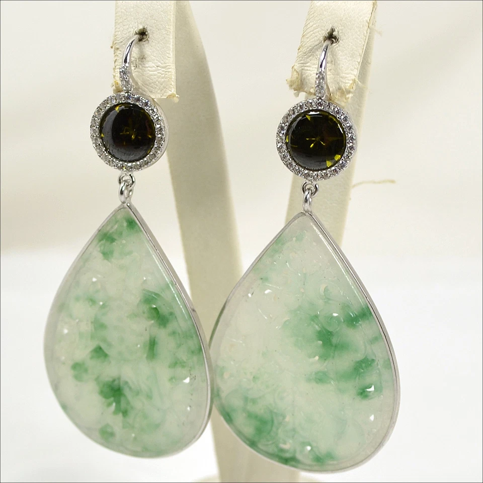 ORECCHINI IN ARGENTO 925 CON PENDENTI DI GIADA VERDE E ZIRCONI VERDI AGHT 0400 - Immagine 1 di 3