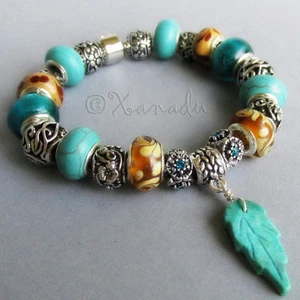 Turquoise, Amber Brown Glass And Silver Enchanted Forest European Charm Bracelet - Picture 1 of 8