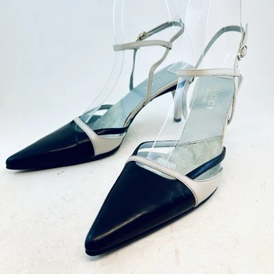 Gucci Black Dove Gray Pointed Toe Ankle Buckle Slingback Heels, size 6.5 B - Image 1 of 4