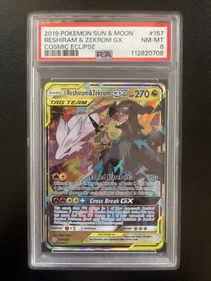 2019 Pokemon Sun & Moon Reshiram & Zero GX 157/236 PSA 8 - Image 1 of 2