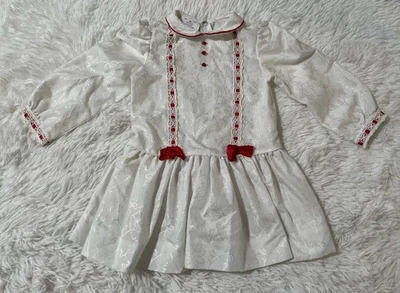 Vintage 80s Rare Editions Toddler Girls 4T White Dress Lace Red Bow Collared Zip - Image 1 of 4