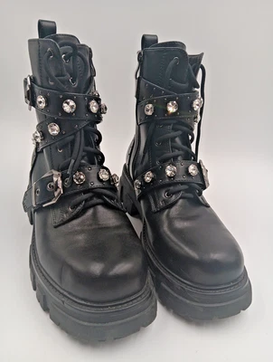 Botas al tobillo para mujer Punk Combat, hebilla grunge estrás cordones motocicleta -43 Foto 1 de 4