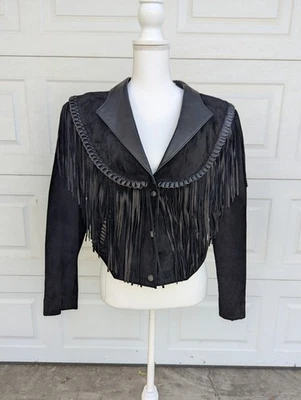 Chaqueta de motociclista occidental vintage años 80’s flecos cuero diamante genuino para mujer talla L  Foto 1 de 4