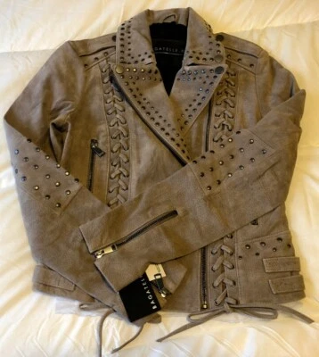 Bagatelle Western Biker Moto Studded Suede Leather Jacket Latte Lace-Up S   - Image 1 of 4