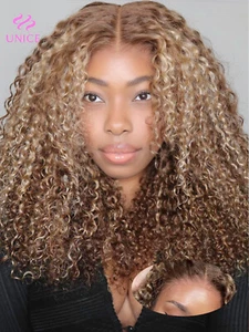 UNice Indian Highlight Blonde Curly Glueless Wear Go Wig Human Hair Pre Cut Lace - Picture 1 of 10