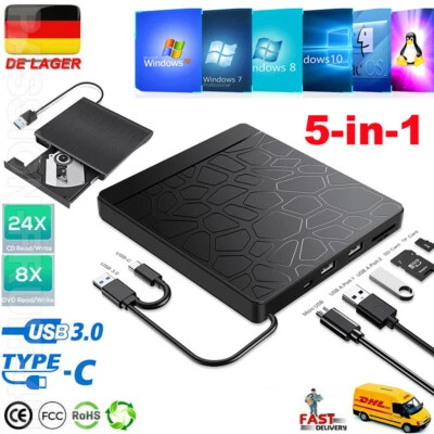 USB 3.0 Externes CD/DVD Laufwerk Brenner Player mit Type C für Laptop PC Schwarz - Bild 1 von 4