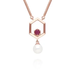 Moderno Perla & Rubí Hexágono Colgante Collar En Oro Rosa Bañado en Plata de Ley - Imagen 1 de 1