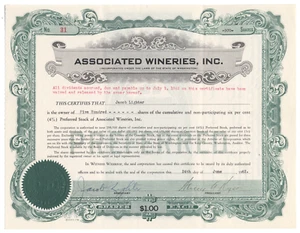 Associated Wineries, Inc. Stock Certificate - Picture 1 of 1