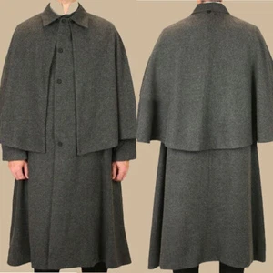 Gray Men Overcoat with Cape Coat Regular Fit Tweed Wool Blend Business Wedding - Picture 1 of 13