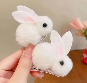 Adorable White Bunny Pom Pom Yarn Hair Clip Set Of 2 - Picture 1 of 5