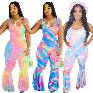 Boho Printed Jumpsuit Romper Women Sleeveless Playsuit Flared Pant Overall Suit - Picture 1 of 24