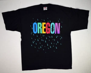 Vintage T-Shirt Size L 90s Oregon Color Pop Spell Out Teal Rain Drops c.1995 - Picture 1 of 8