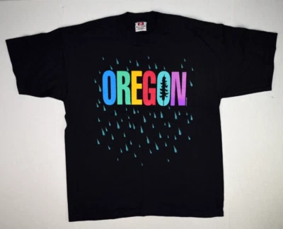Camiseta De Colección Talla L Años 90 Oregon Color Pop Deletrear Teal Gotas de Lluvia c.1995 Foto 1 de 4