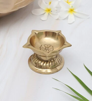 Ethnic Flower Carved 5 Oil Wicks Brass Diya, Brass Diya for Puja - Image 1 of 4