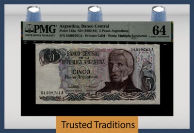 TT PK 312a ND 1983-84 ARGENTINA 5 PESOS ARGENTINOS PMG 64 CHOICE UNCIRCULATED - Image 1 of 2