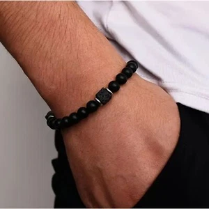 Round Square Diffuser Genuine Lava Stone Silver Men's Stretch Bead Bracelet - Picture 1 of 4