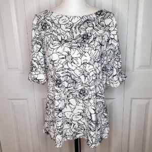Rebecca Malone Top Black White Flower Floral Print Blouse Shirt Womens Large - Picture 1 of 7